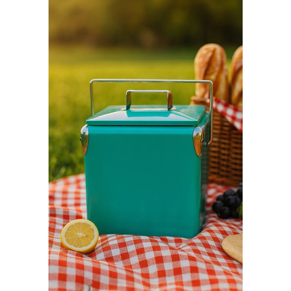 Vintage Teal Metal Cooler 20 QT Mid Century Retro Chrome Handle Ice Chest
